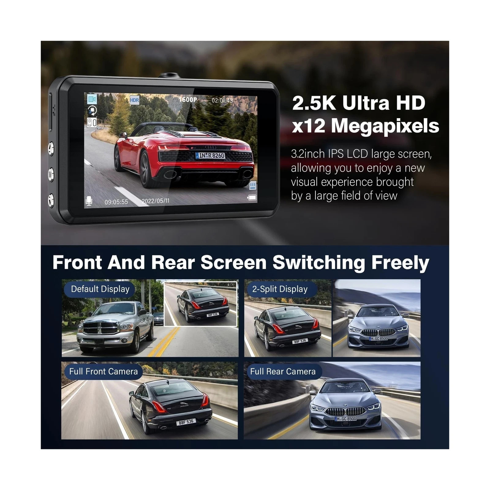2.5K Front 1080P Rear Dash Cam 3.2″ IPS Sony Sensor 64GB Night Vision