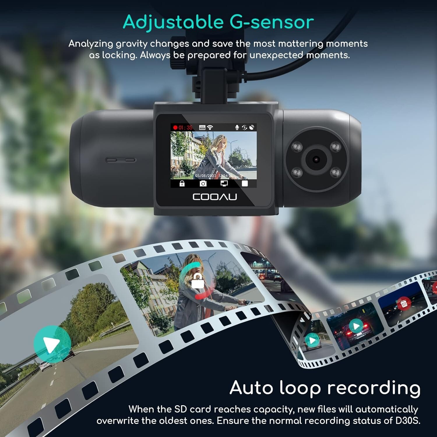 COOAU 4K Dash Cam with GPS WiFi Front and Inside Car Camera Recorder G-Sensor
