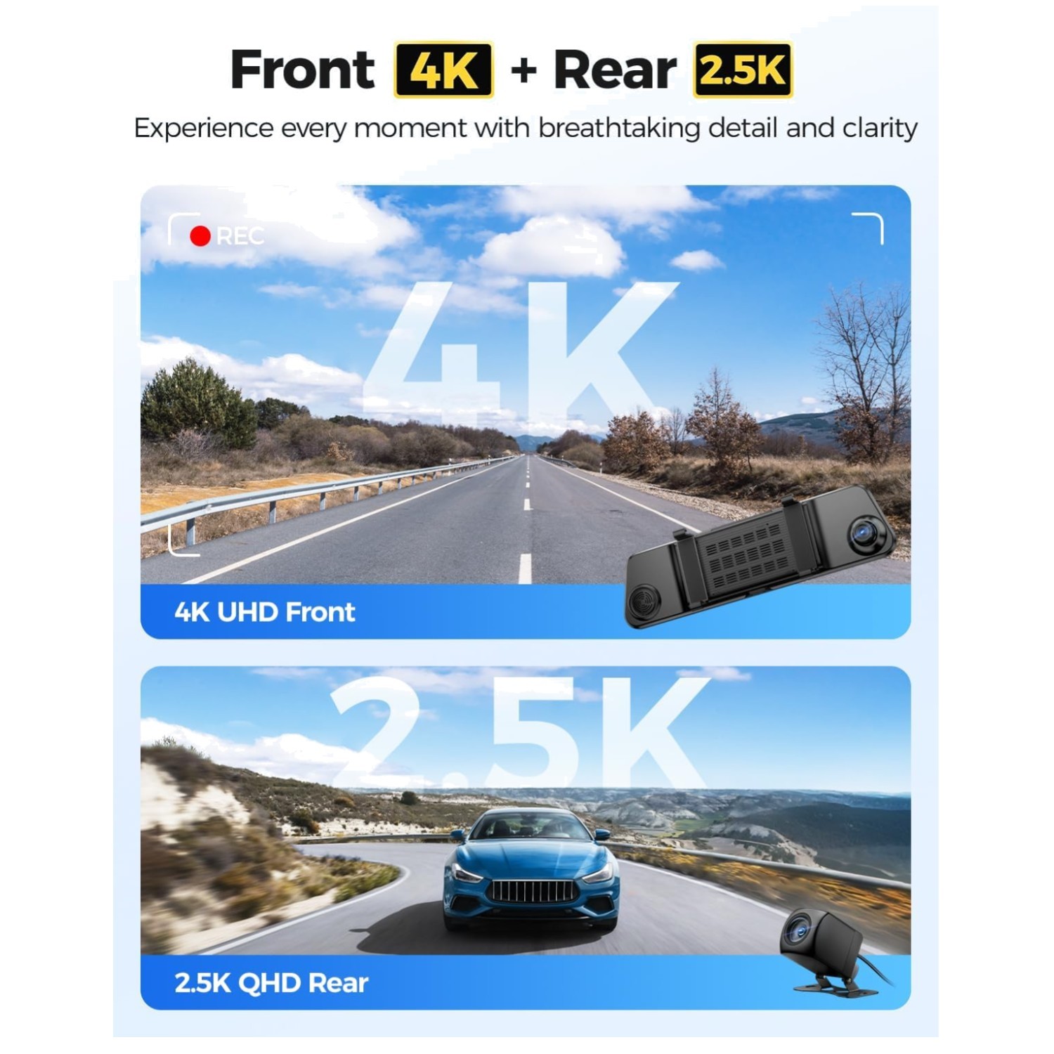 PG17 Max 4K+2.5K Mirror Dash Cam, Night Vision, GPS