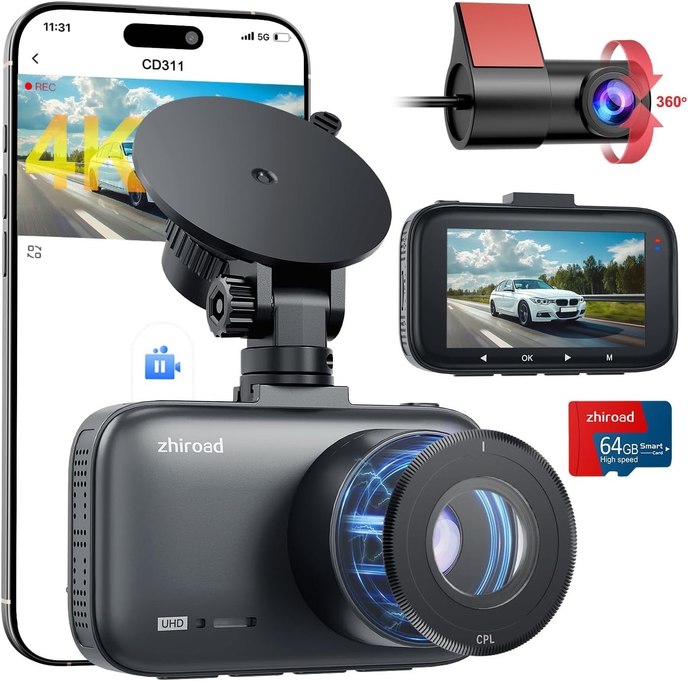 Smart 5GHz Wi-Fi Dual Dash Cam with 24/7 Parking Monitor & Loop Recording