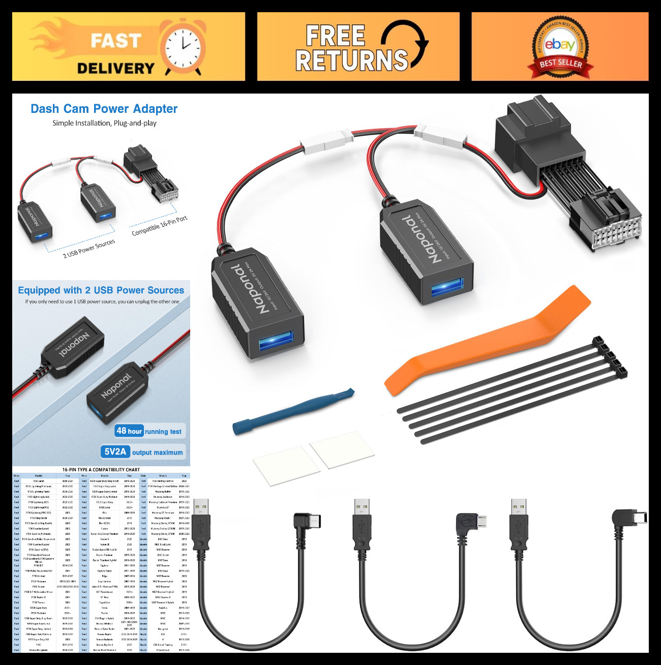 GPS Dash Cam Power Adapter – 16Pin Connector Charger for Ford F150, Bronco & Mor
