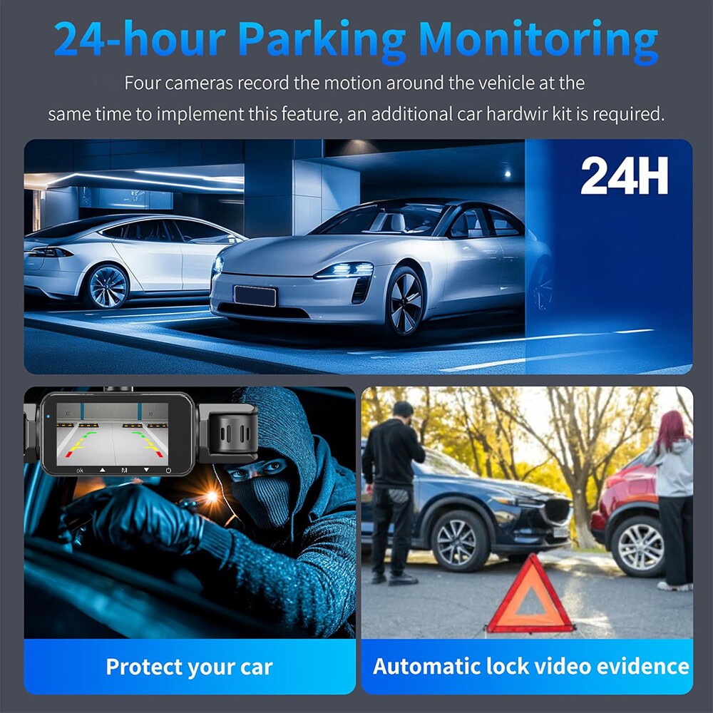 360° 1080P WiFi Dash Cam Front and Rear Inside Left Right 4 Channel Dash Camera