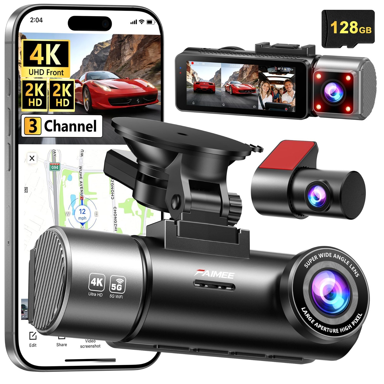 4K 3-Channel Dash Cam Front & Rear, 128GB Card, Dual WiFi, GPS, Night Vision, 17