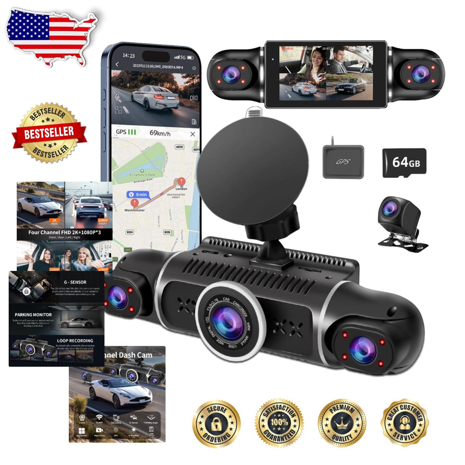 Elite 4-Way Dash Cam 360° 2K FHD, Built-in GPS, WiFi, 64GB Card, Parking Mode
