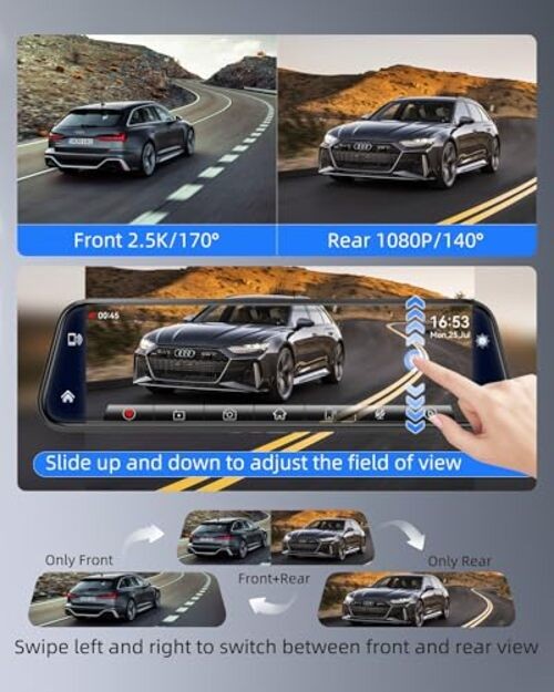 2.5K Mirror Dash Cam with Carplay&Android Auto,10″ Rear View Mirror Camera for