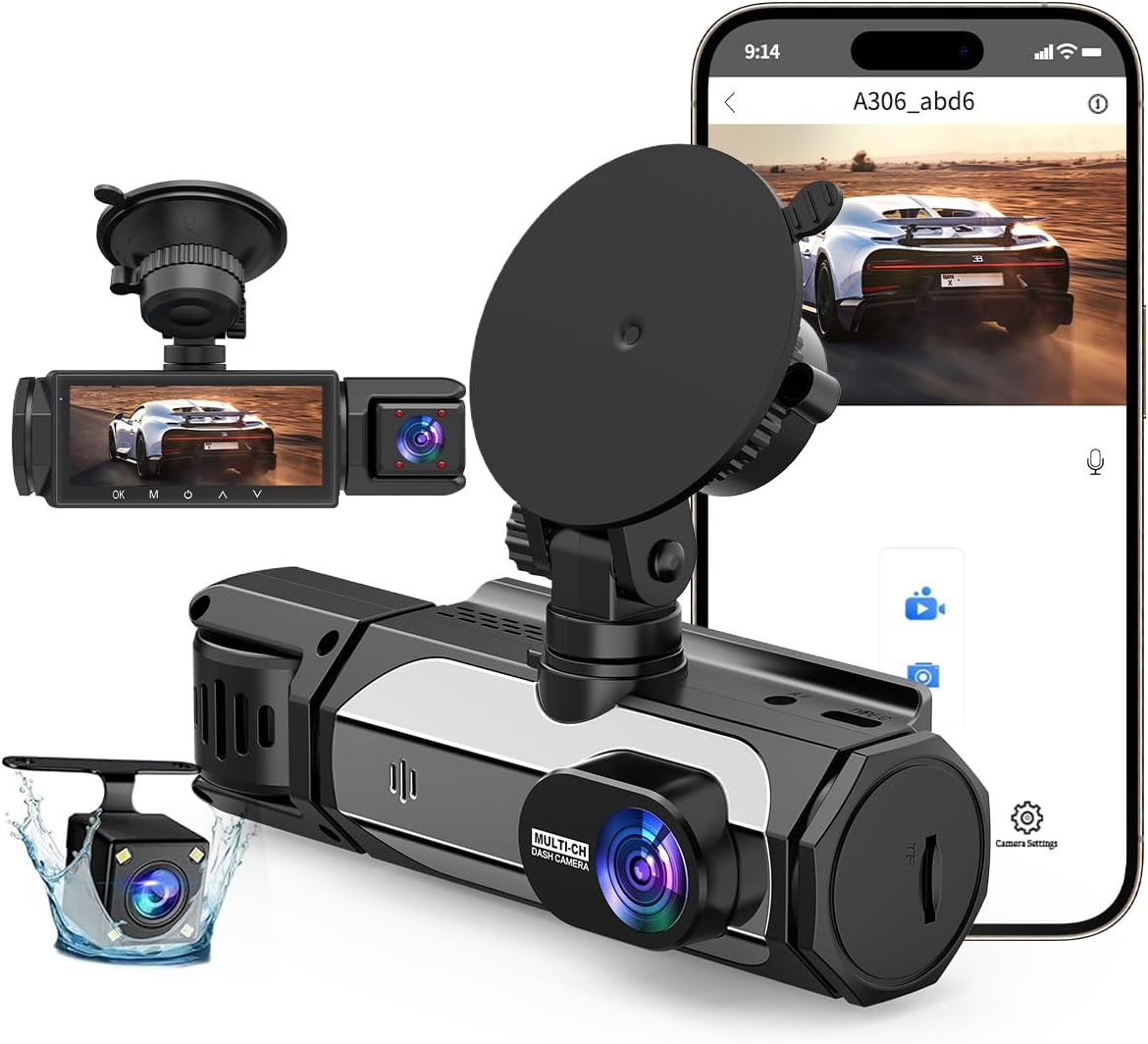 Dash Cam Front and Rear, 1080P Dash Camera for Cars, 3 Channel Car Camera Front