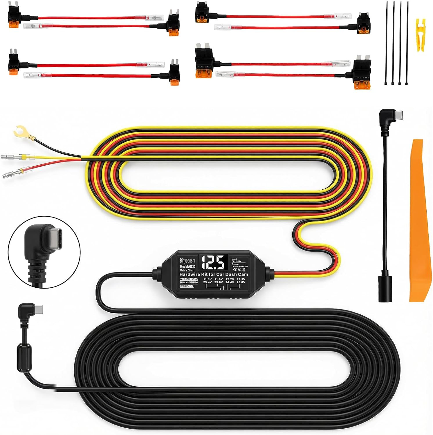 Dash Cam Hardwire Kit USB C with LED Voltage Display,4-Level Adjustable Low Volt