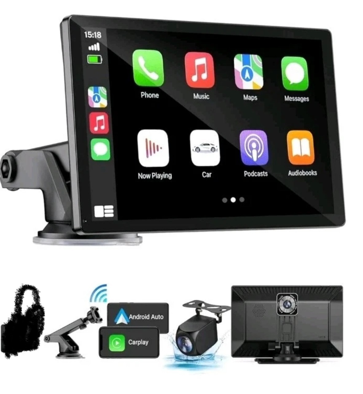 9″ Wireless 2ch dash cam Portable back up camera RV truck CarPlay Android Auto B