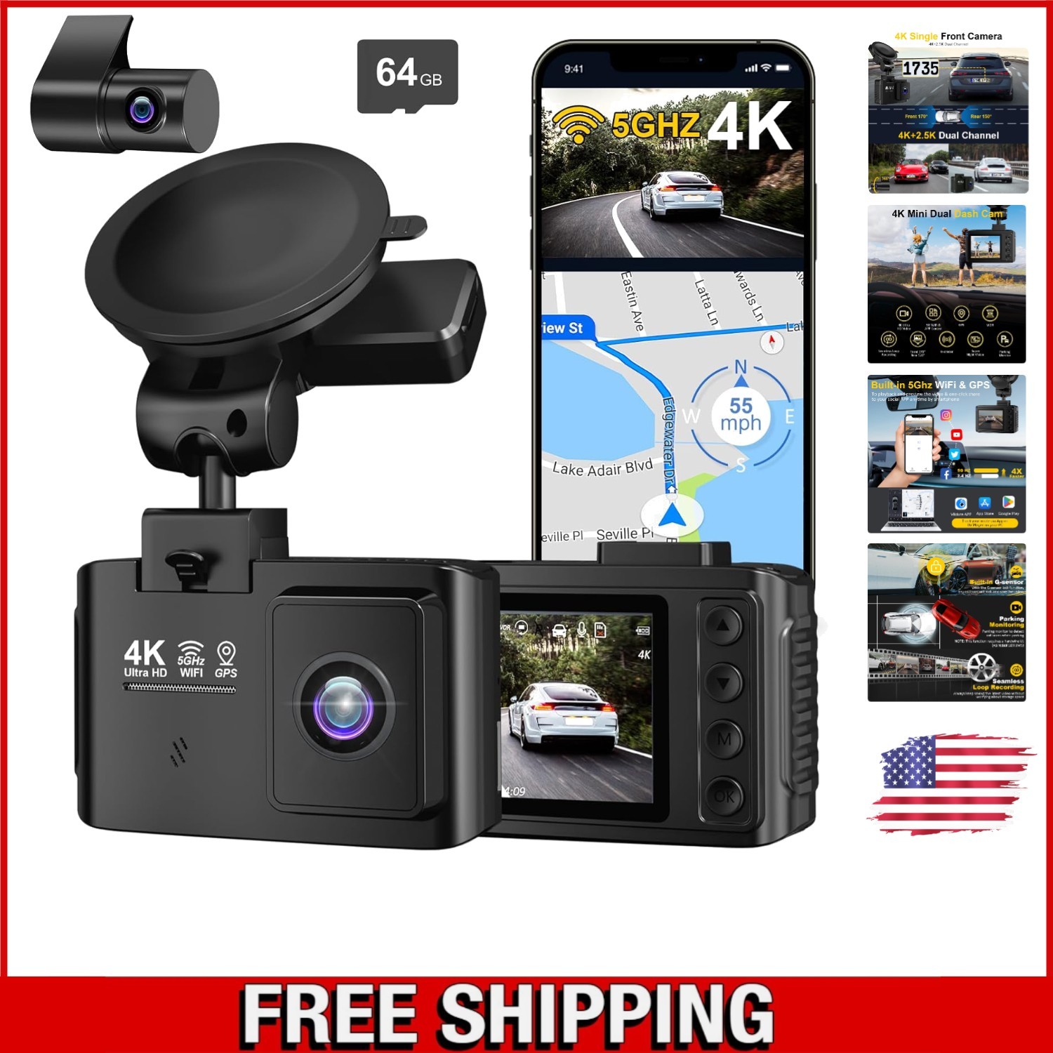 Comprehensive 4K + 2.5K Dash Cam with 64GB Card – G-Sensor & Loop Recording