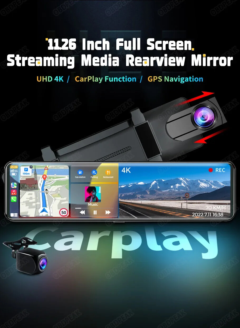 K4 11.26 Inch Carplay & Auto 4K 2160P Wifi Dash Cam Rearview Mirror Car