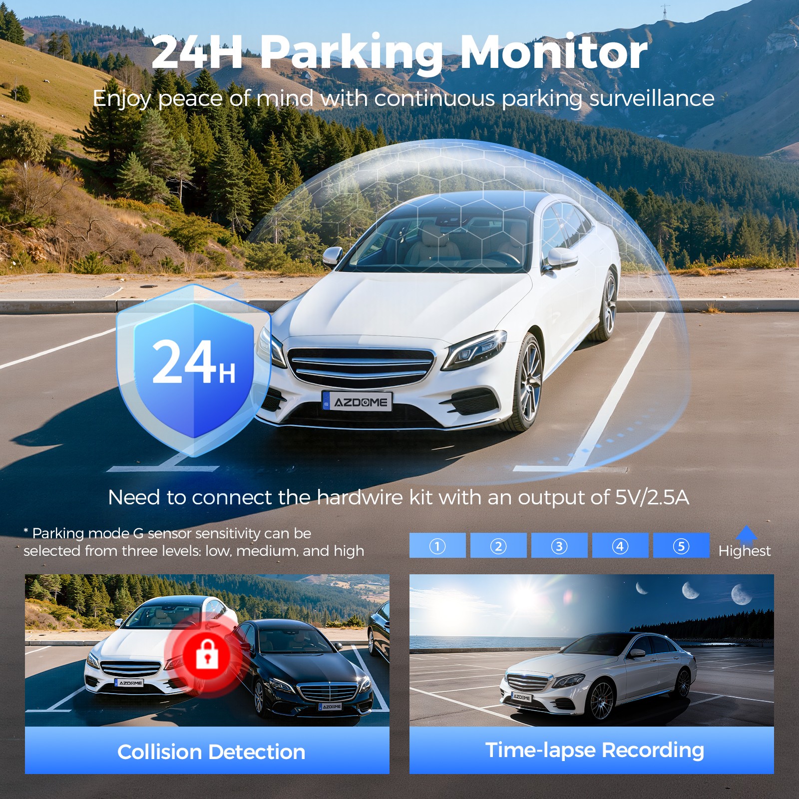 AZDOME 3 Channel Dash Cam 4K WiFi 24H Parking Mode Front&Cabin&Rear 64GB TF Card