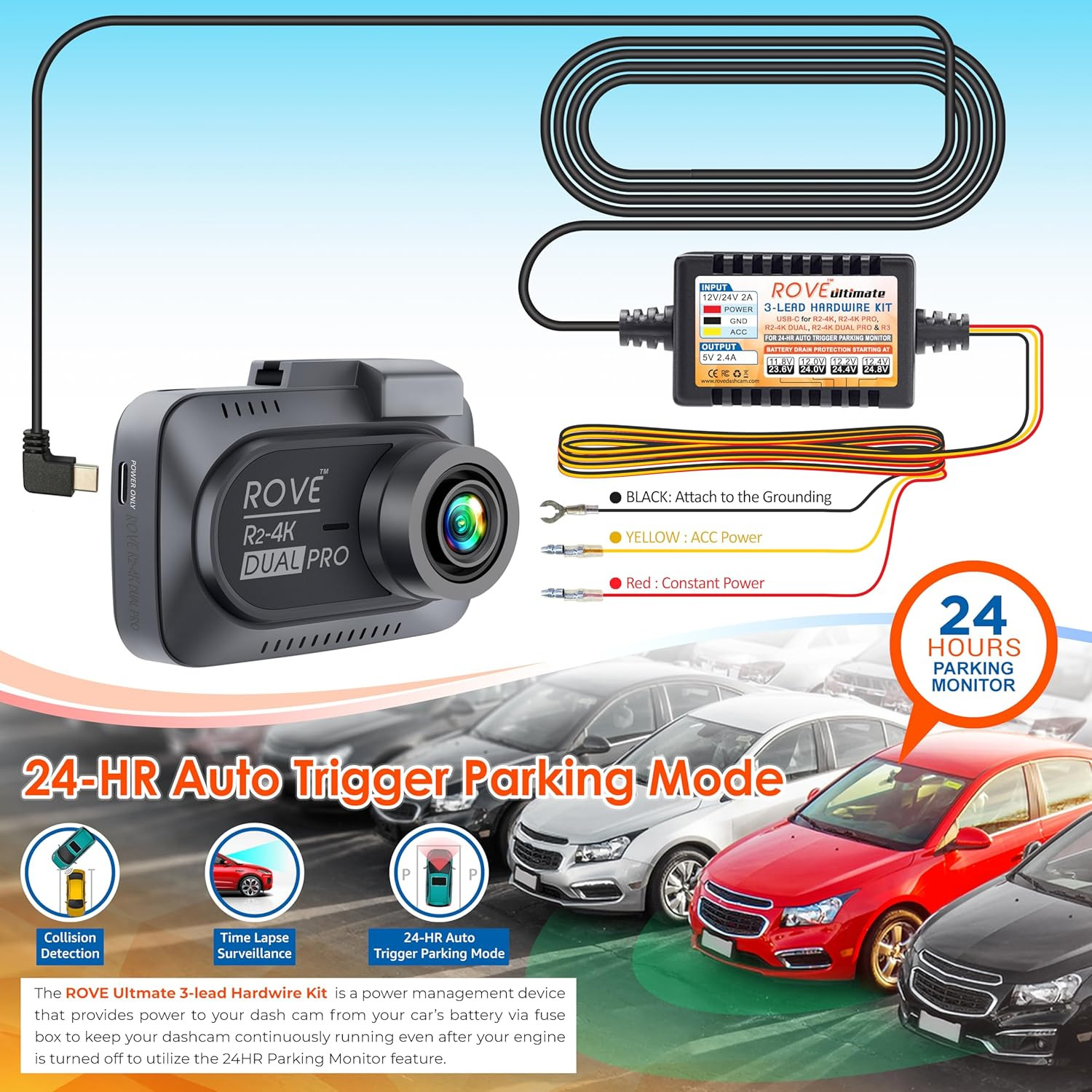 ROVE Ultimate Dash Cam Hardwire Kit USB C 24Hr Parking Mode Voltage