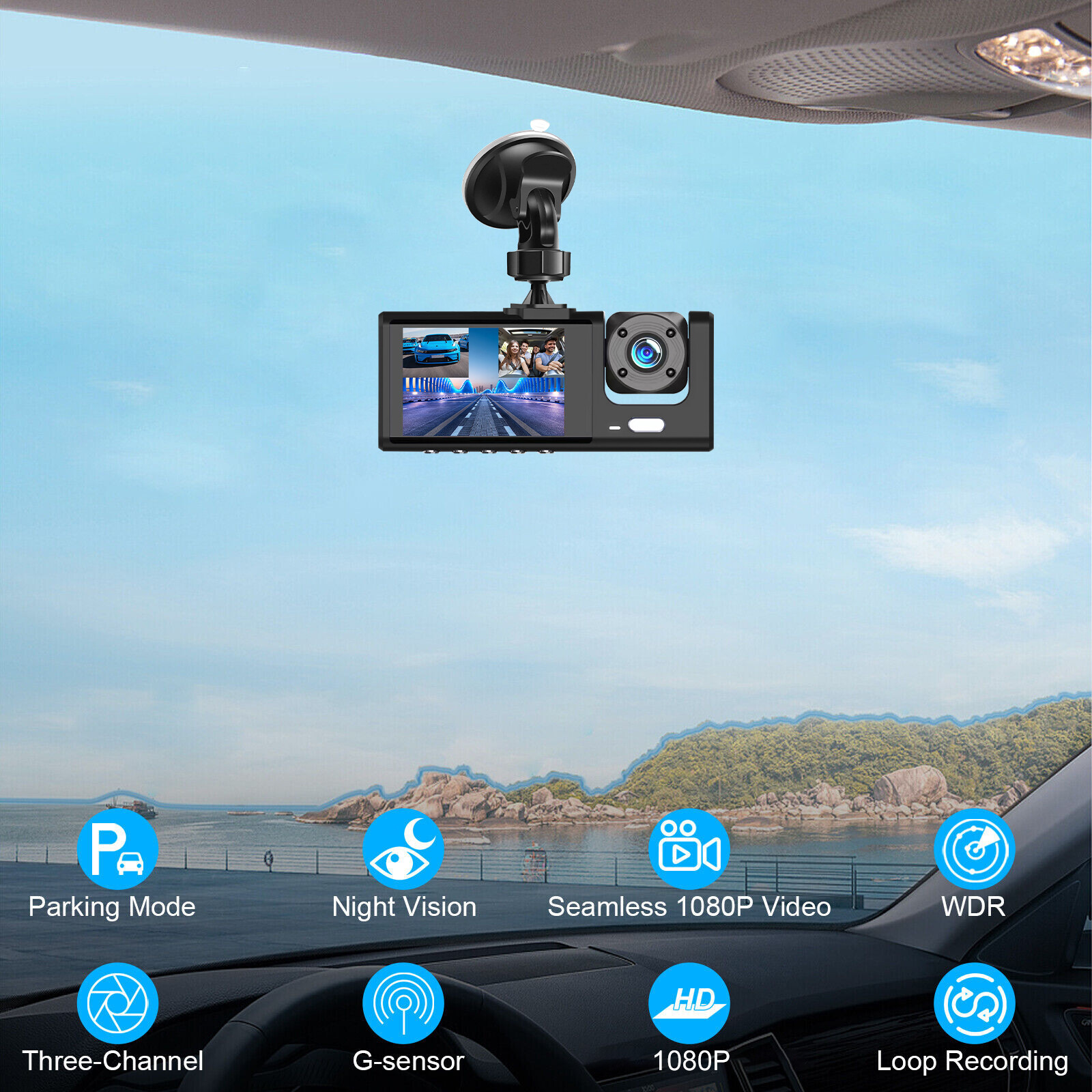 3 Lens Car DVR Dash Cam 1080P Front/Inside/Rear Camera Video Recorder G-Sensor