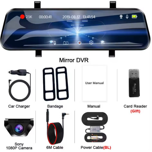 2.5K Mirror Dash Cam Touch Screen GPS WiFi Front Rear Camera 24H Parking DVR