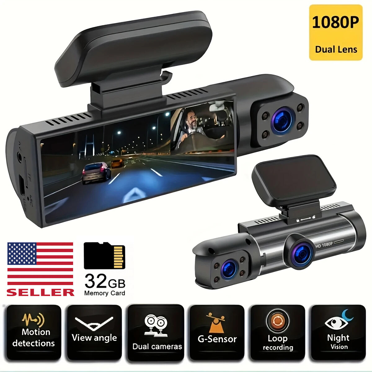 2 Lens Dash Cam 1080P HD Car DVR Video Recorder Front/Inside Camera Night Vision