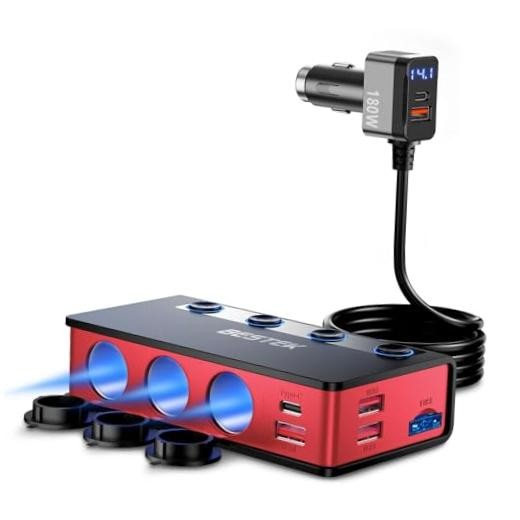 9 in1 Cigarette Lighter Splitter with 180W Cigarette Lighter Splitter (RED)