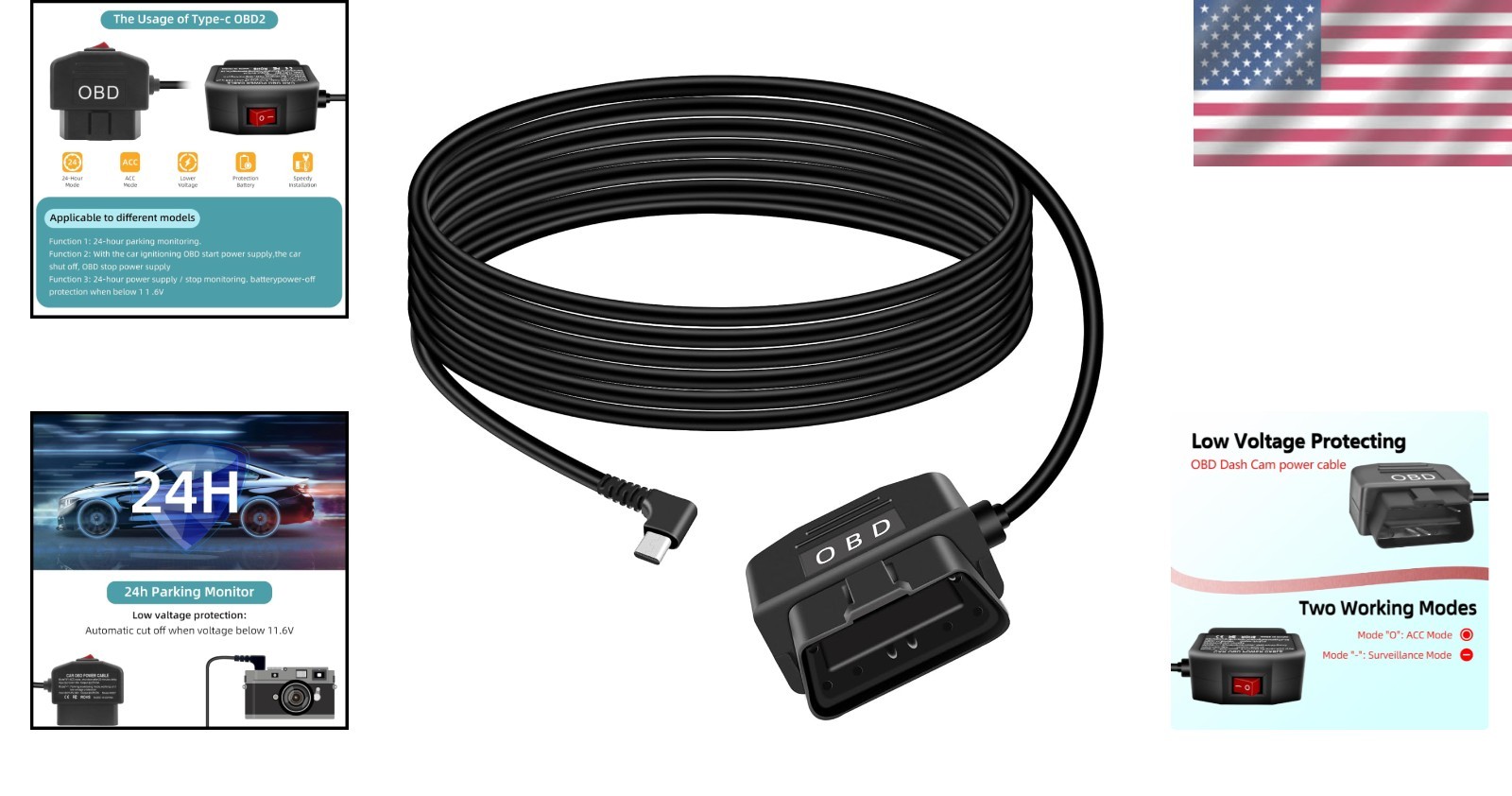 Smart Dash Camera OBD Power Cable – Low Voltage Protection & Compact Design