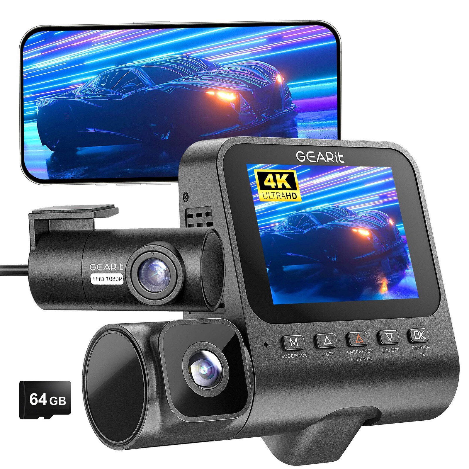 GEARit 3-Channel 4K Dash Cam – Front, Inside & Rear with GPS & Night Vision, 64G
