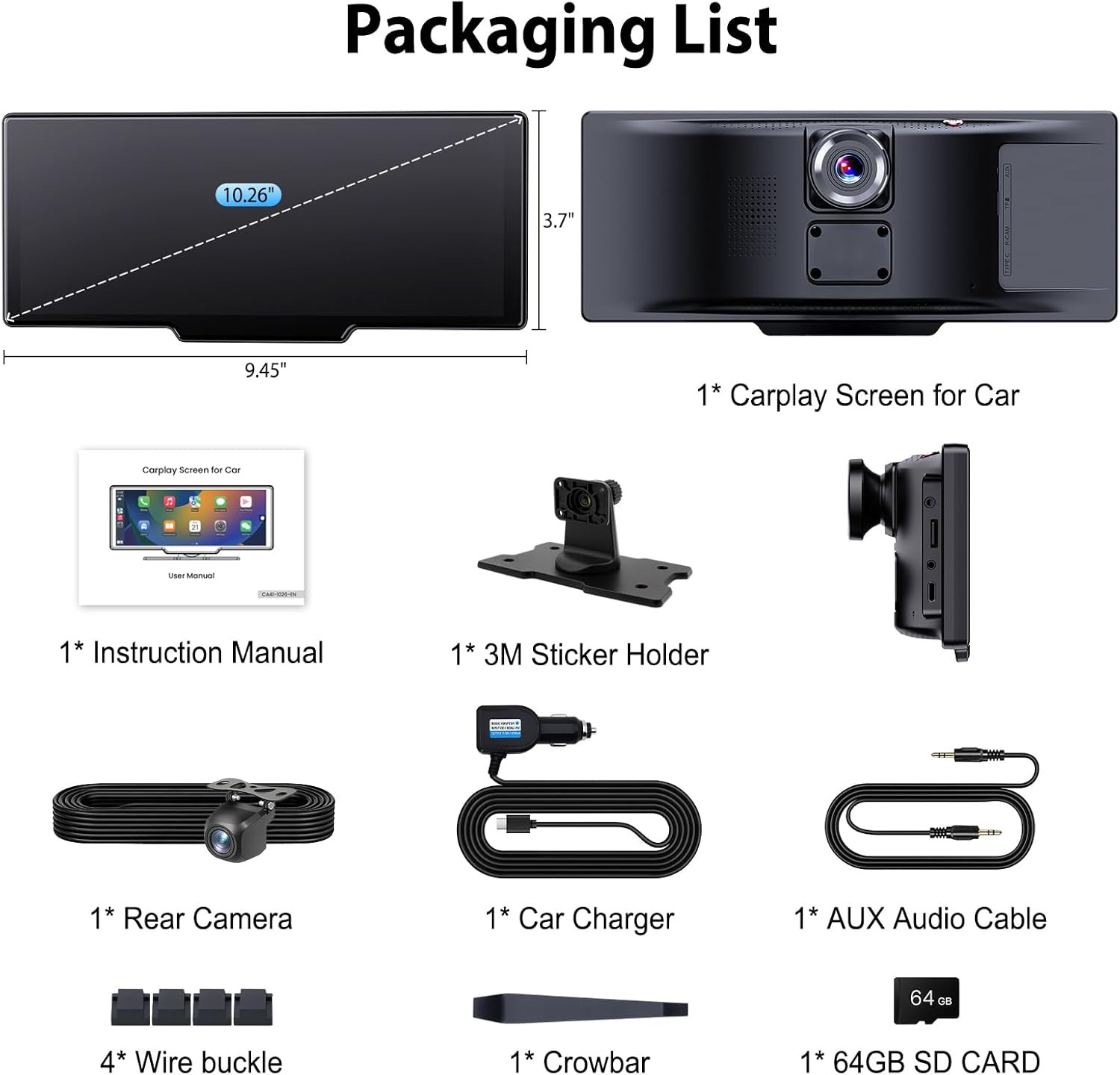 10.26″ Wireless Carplay Screen for Car: 4K Dash Cam & 1080P Backup Camera, Porta