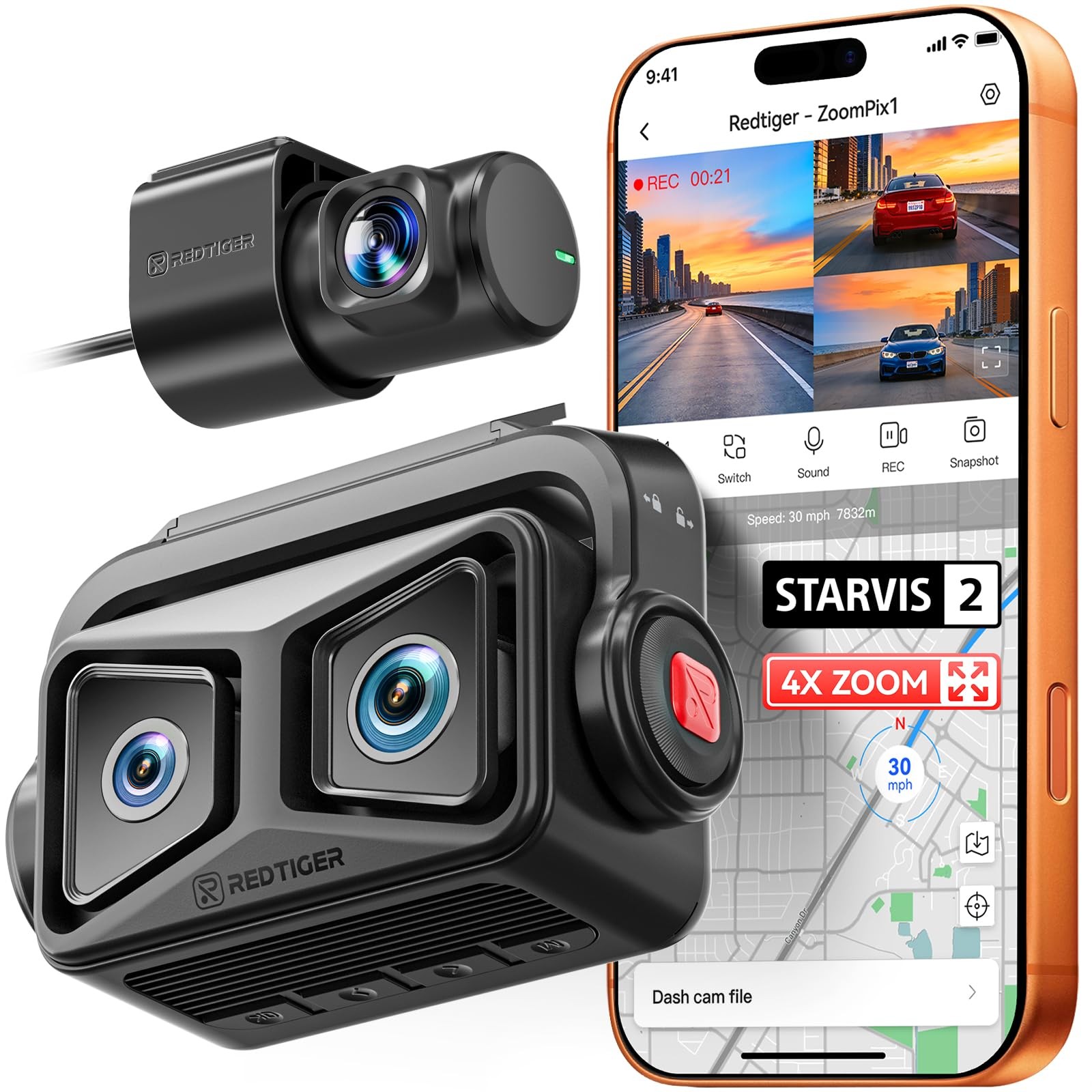 REDTIGER ZP1 Dash Cam Front and Rear, Telephoto+Wide Front Lenses for 100ft P…