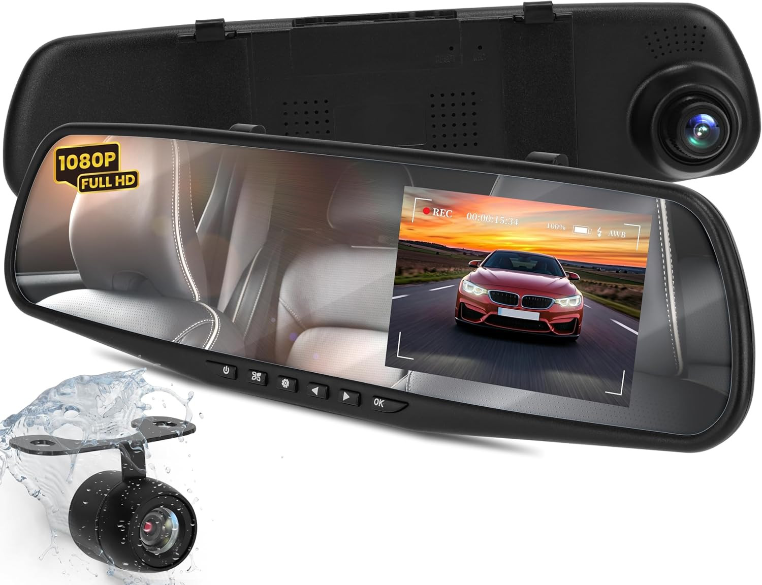 Dash Cam Rearview Mirror 4.3” DVR Monitor Rear View Dual Camera Video Recording