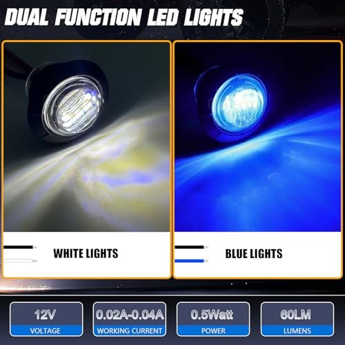 10pcs 3/4 Inch Dual-Color LED Marker Lights with 7-Pin Rocker Clear White-Blue