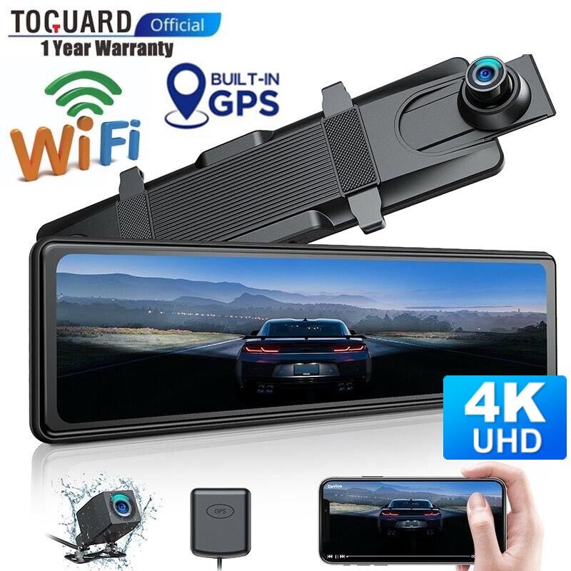 TOGUARD 4K WiFi Mirror Dual Dash Cam 12″ Front Rear GPS Car Camera Voice Control