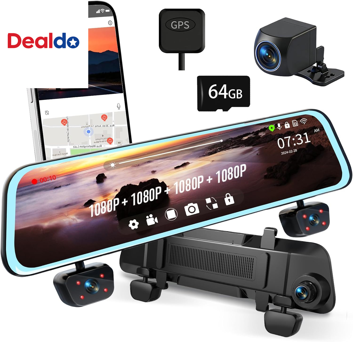 4 Channel Mirror Dash Cam, Dash Cam Front and Rear/Inside, Touch Screen 12’’ FHD