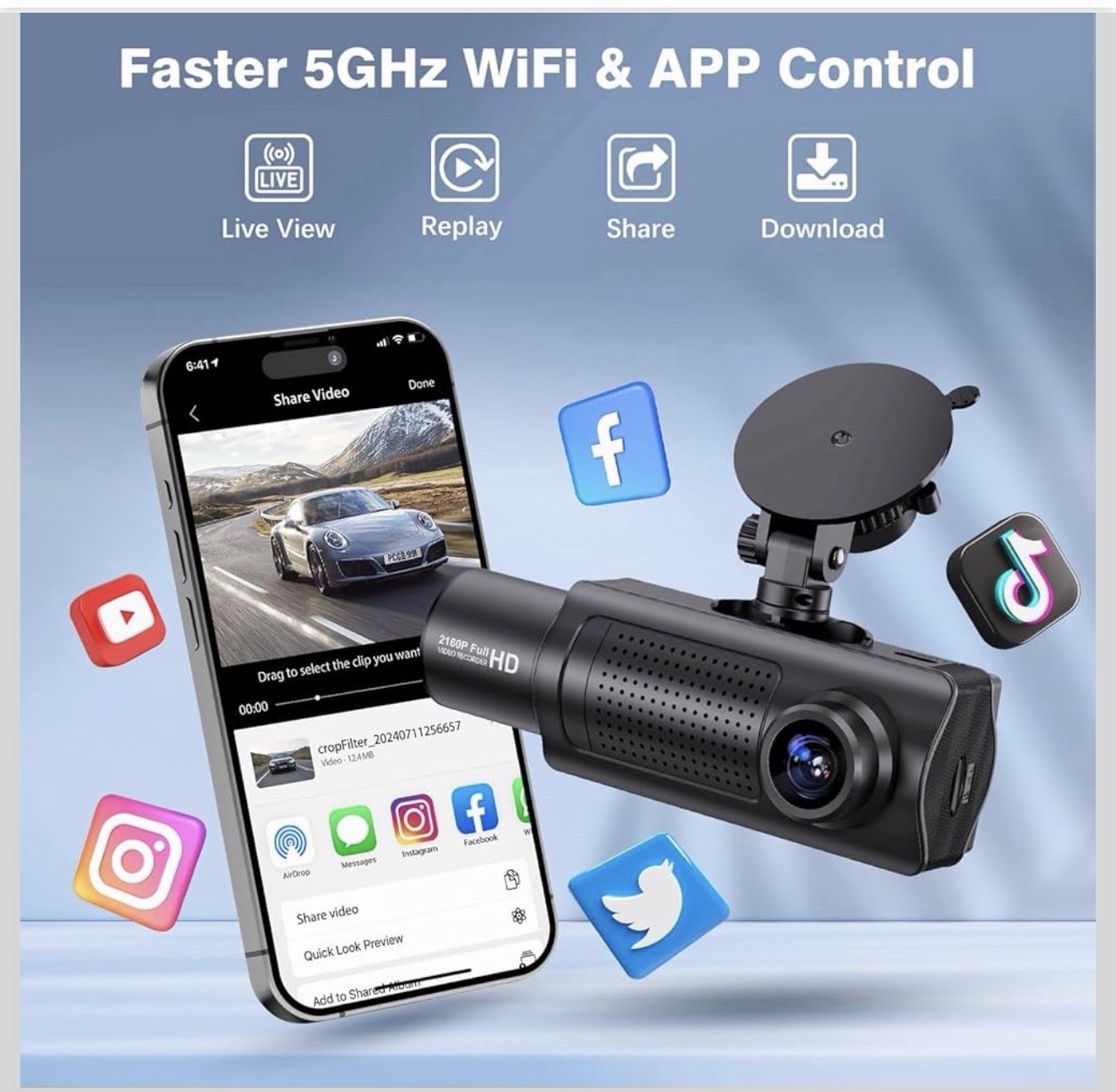 X5 4K WiFi Dash Cam Front and Rear Inside, 2160P+1080P+1080P FHD 3 Channel Da…