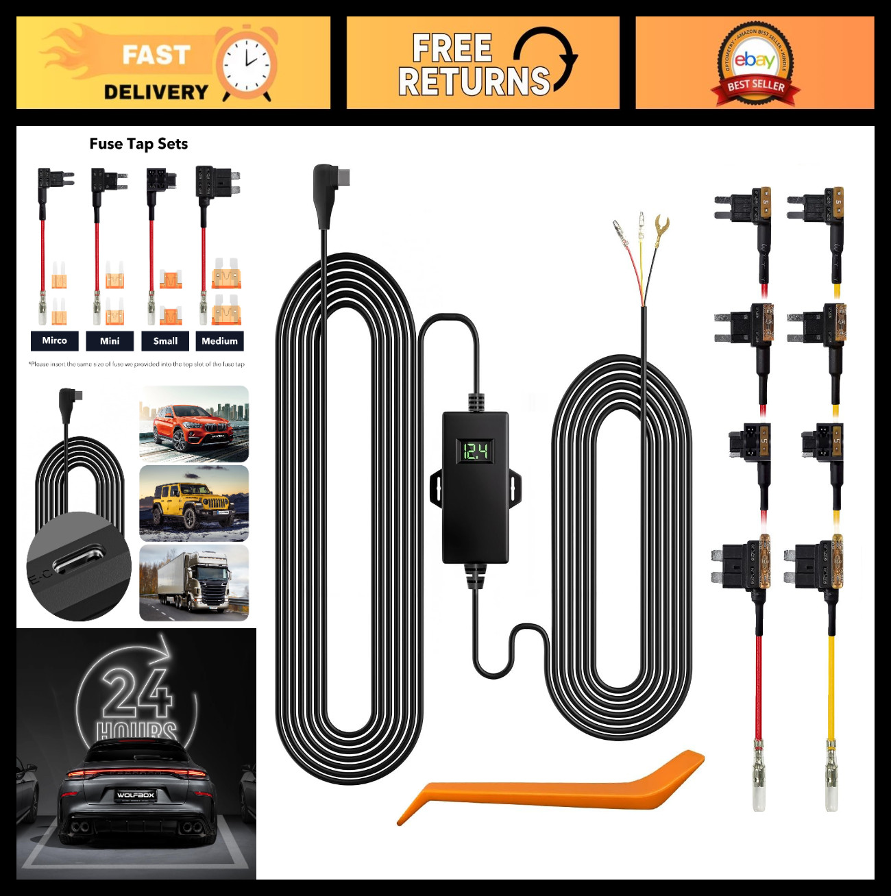 Hardwire Kit for Dash Cameras – USB C Car Charger Cable 12V-24V to 5V, Battery D