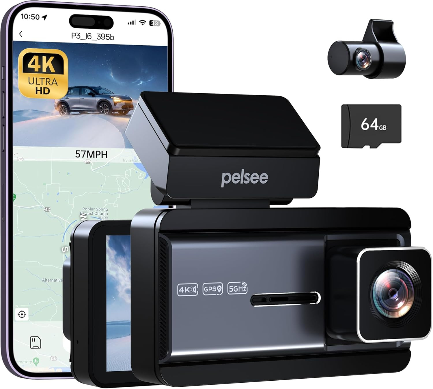 Camara Auto 4K Delantera Trasera 64GB GPS WiFi ADAS BSD LCA Vision Nocturna 24H