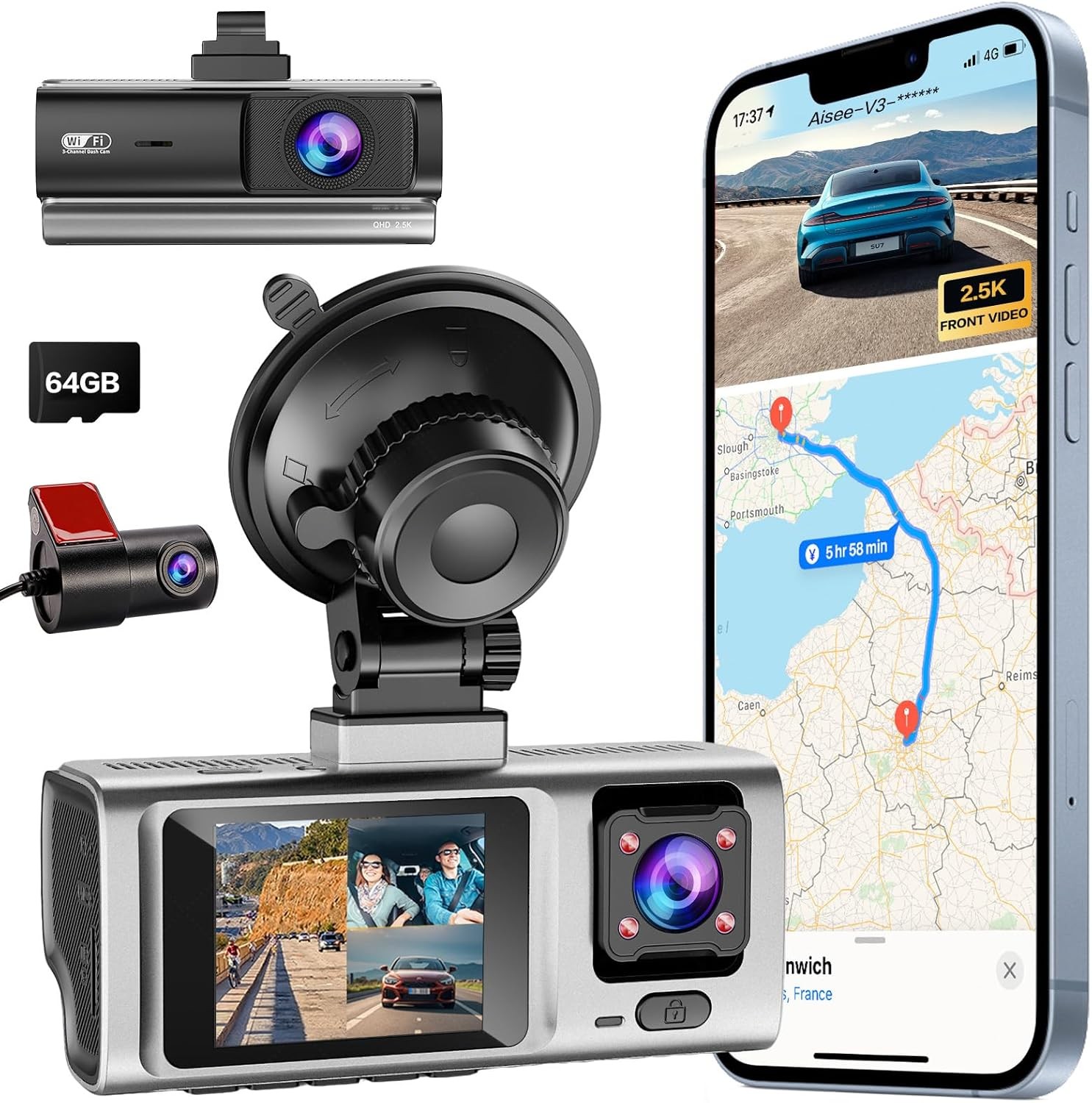 3 Channel Dash Cam, QHD 2.5K+1080P+1080P 3-Way Recording, WiFi Dash Camera with
