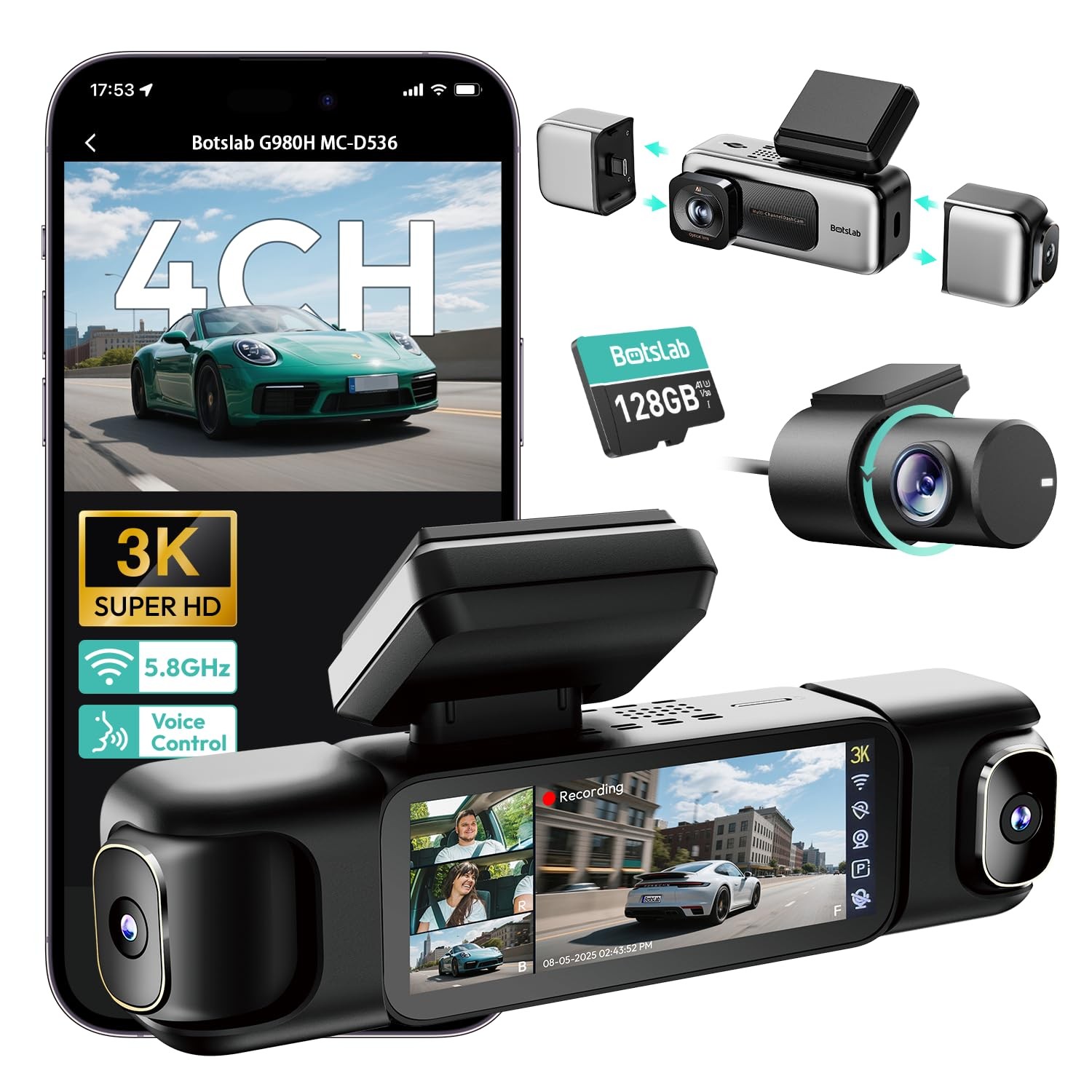 3K 4 Channel Dash Cam, 360° All-Around View, Front/Rear/Inside Car Cameras wi…