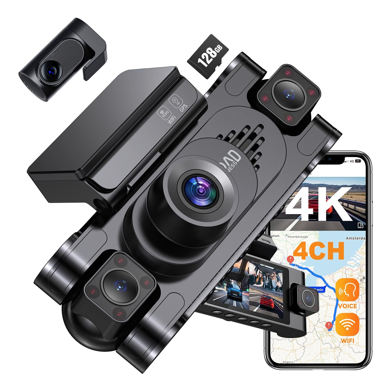 4K 360° Dash Cam for Cars, 4 Channel Front Rear Inside with 128GB Card, Super…