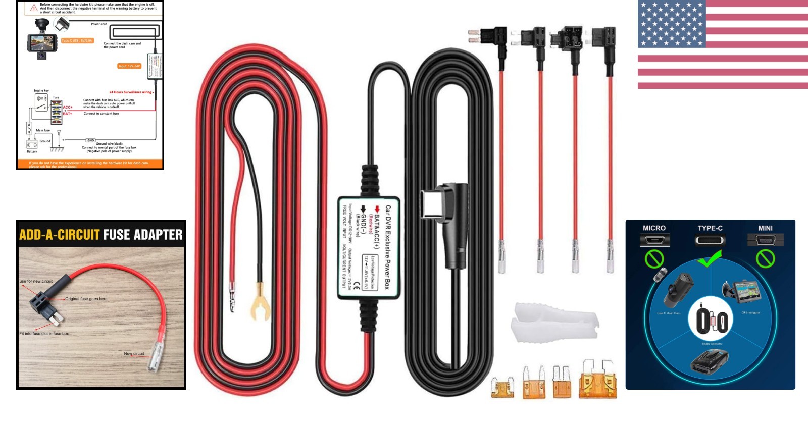 24/7 Dash Cam Power Supply – 13ft Hardwire Kit with Fuse Tap Adaptability