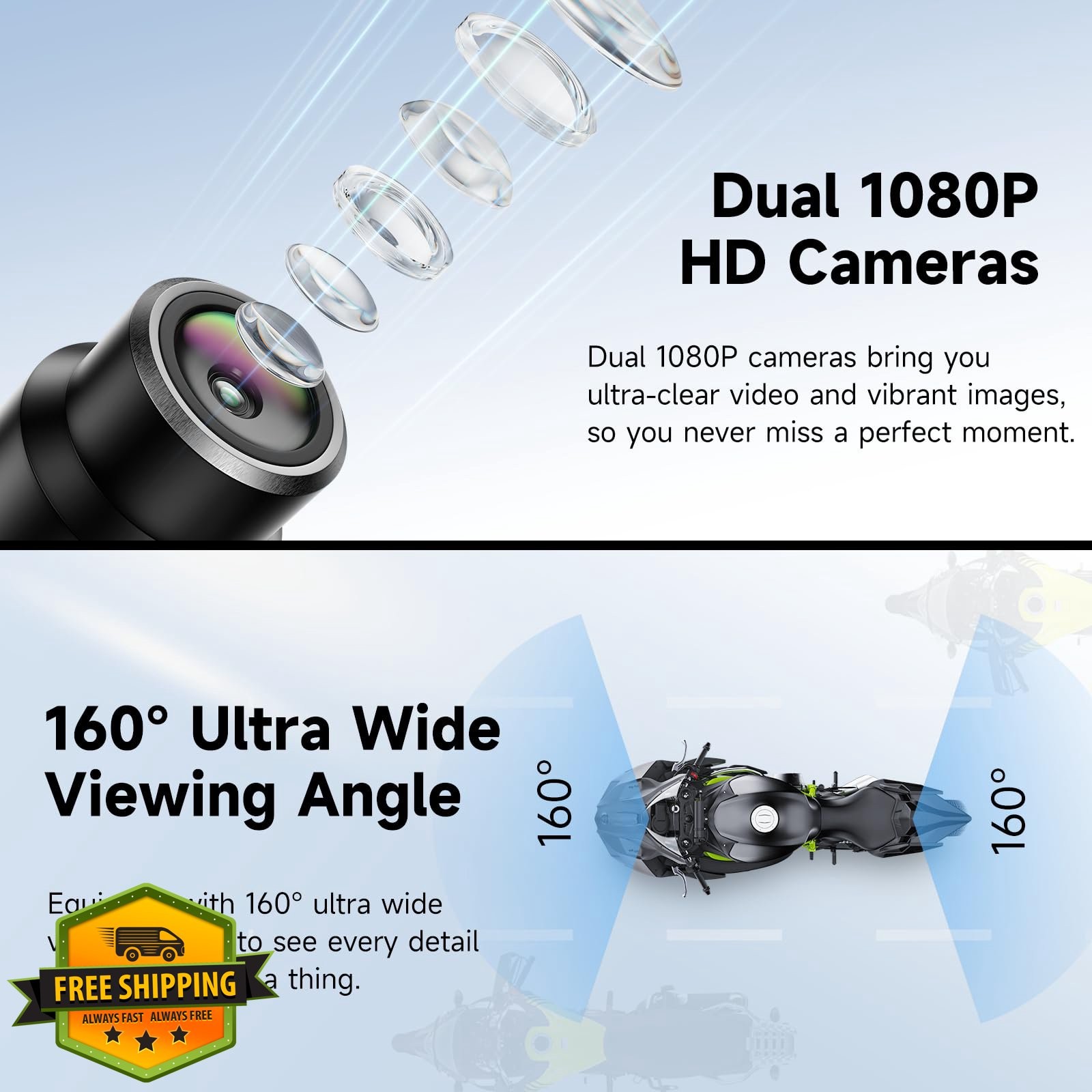 Motorcycle Dash Cam Front Rear 1080p 64GB IP67 Waterproof