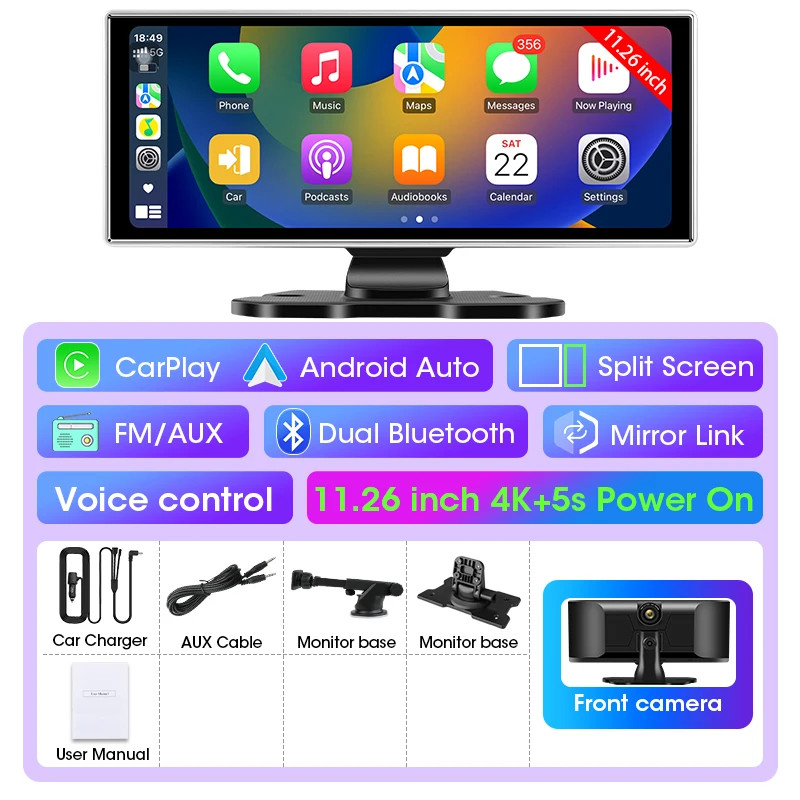 Develuck 11.26in Dash Cam 4K Car DVR Wireless CarPlay Android Auto GPS Dual Lens