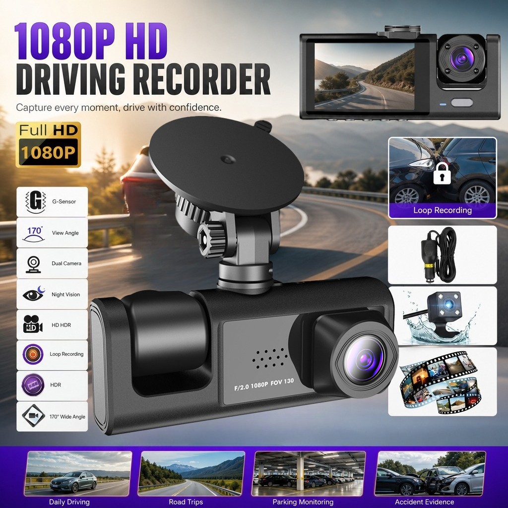 Car DVR Dash 1080P Cam Video Recorder 3 Lens Front/Rear/Inside Camera G-Sensor