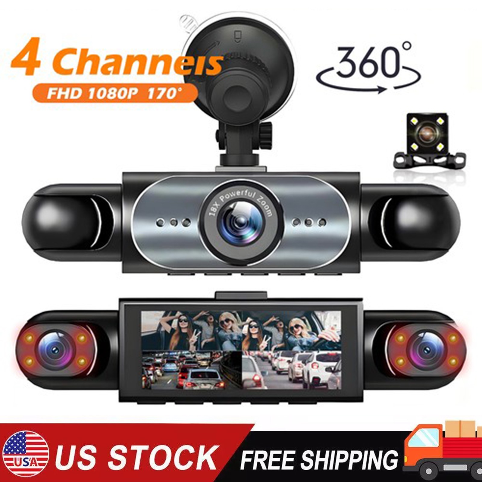 HD 360° 4 Channel 1080P Car Dash Cam Front and Rear Inside Left Right + Camera