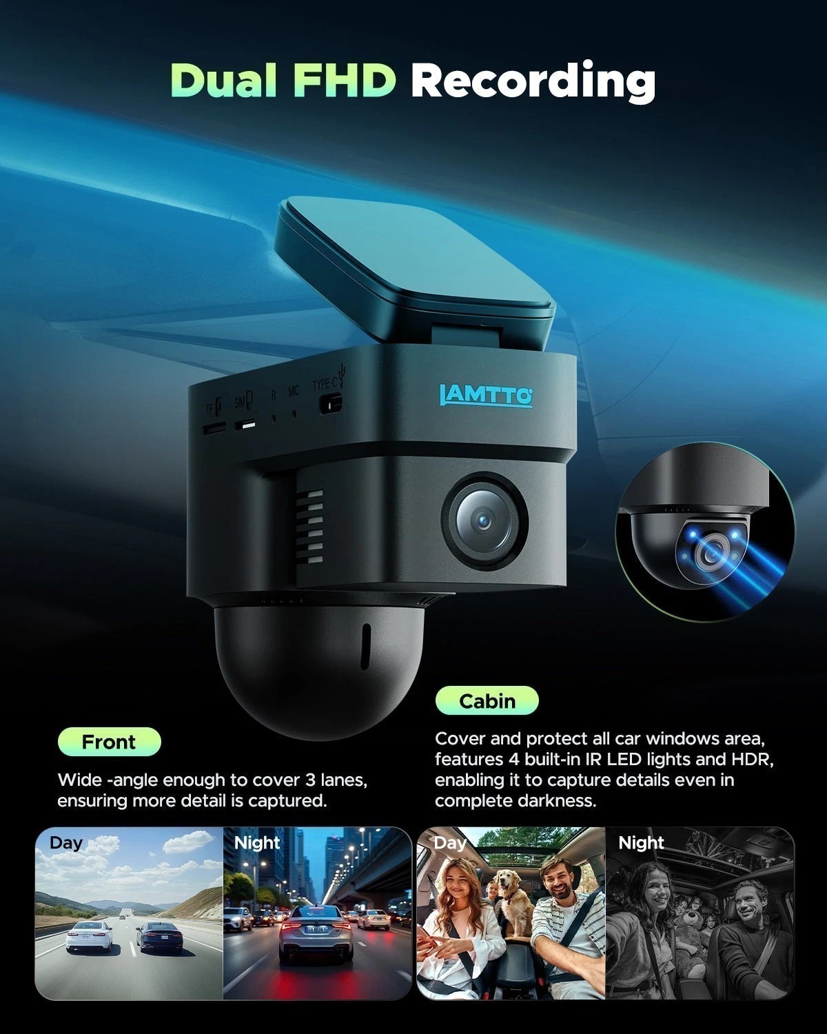 LAMTTO 4G LTE Dash Cam 1080P Quality Live Monitoring,Night Vision Cloud Storage