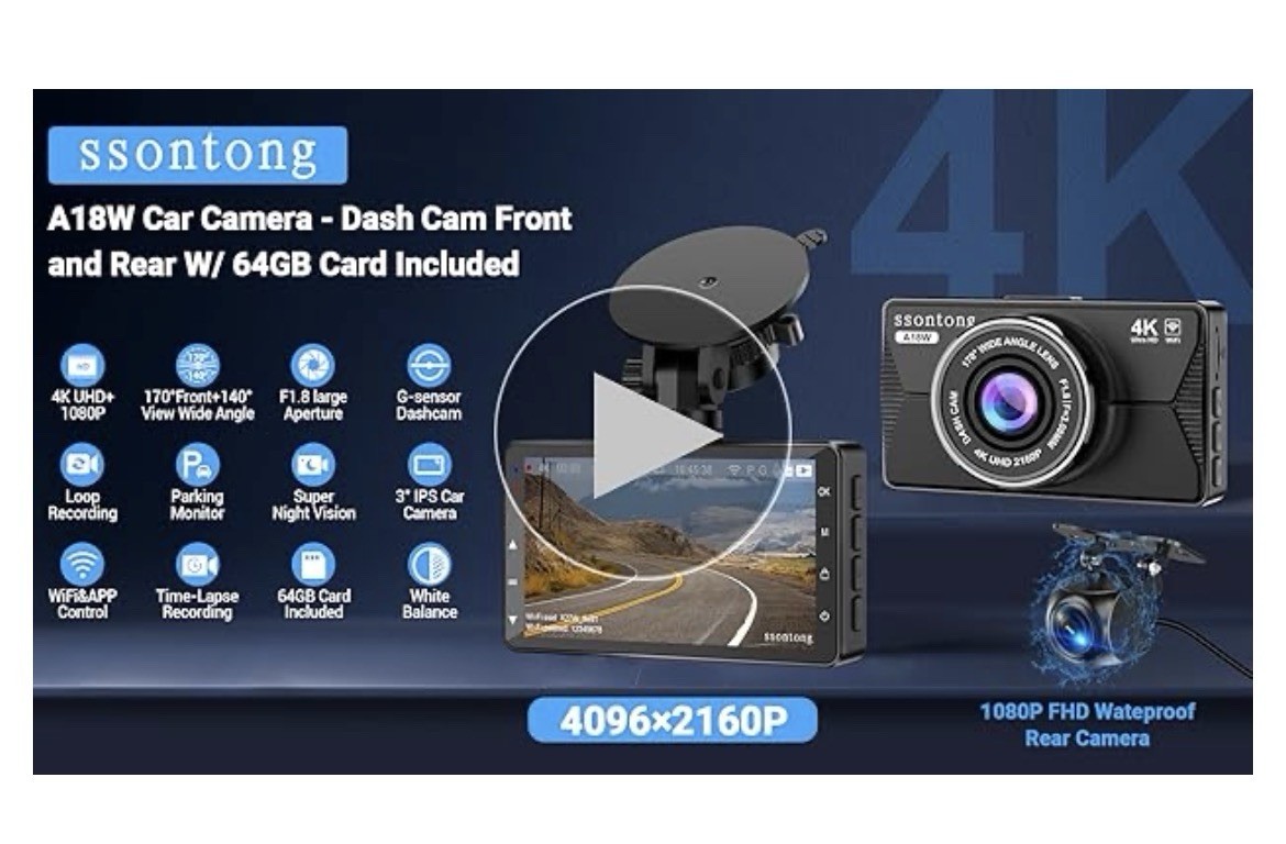 Dash Cam Front and Rear, Dash Cam 4K 64GB-A18W WiFi Dash Cam Front and Rear