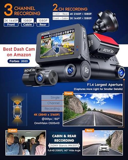 ROVE R3 Dash Cam Front and Rear with Cabin, 3” IPS Touch Sn, 3 Channel Dash