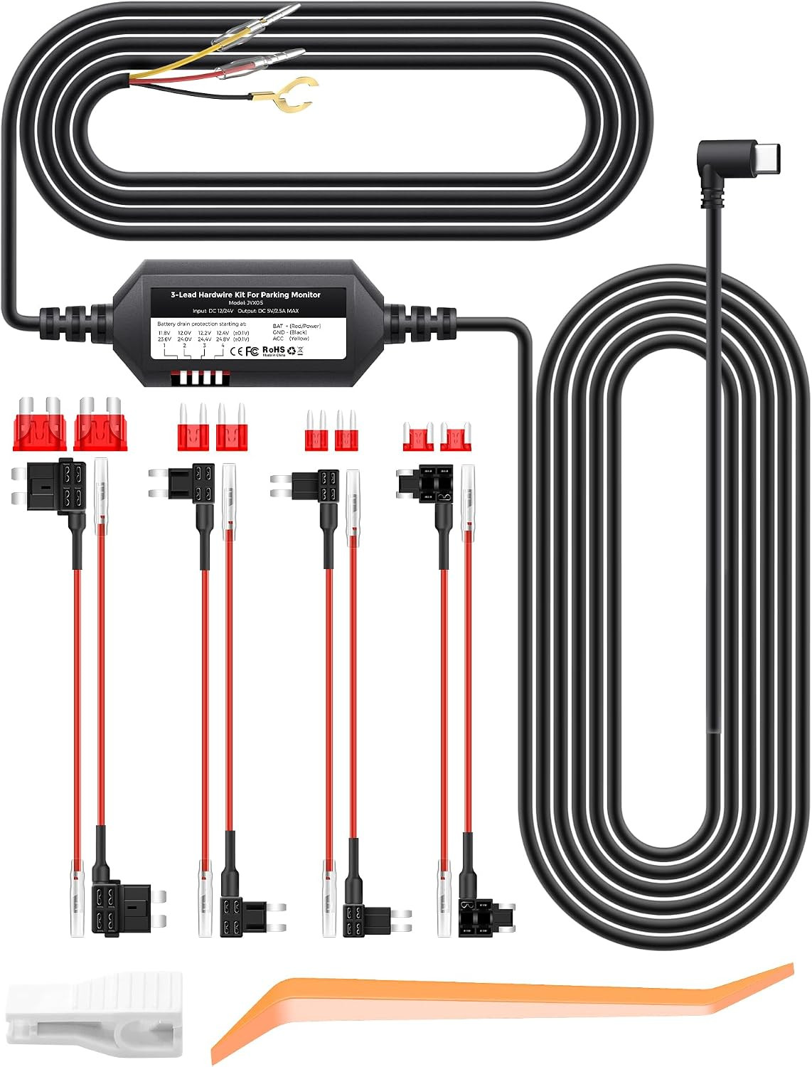 24/7 Parking Mode Hardwire Kit for Dash Cam Front and Rear, 11.5Ft Type-C Cable