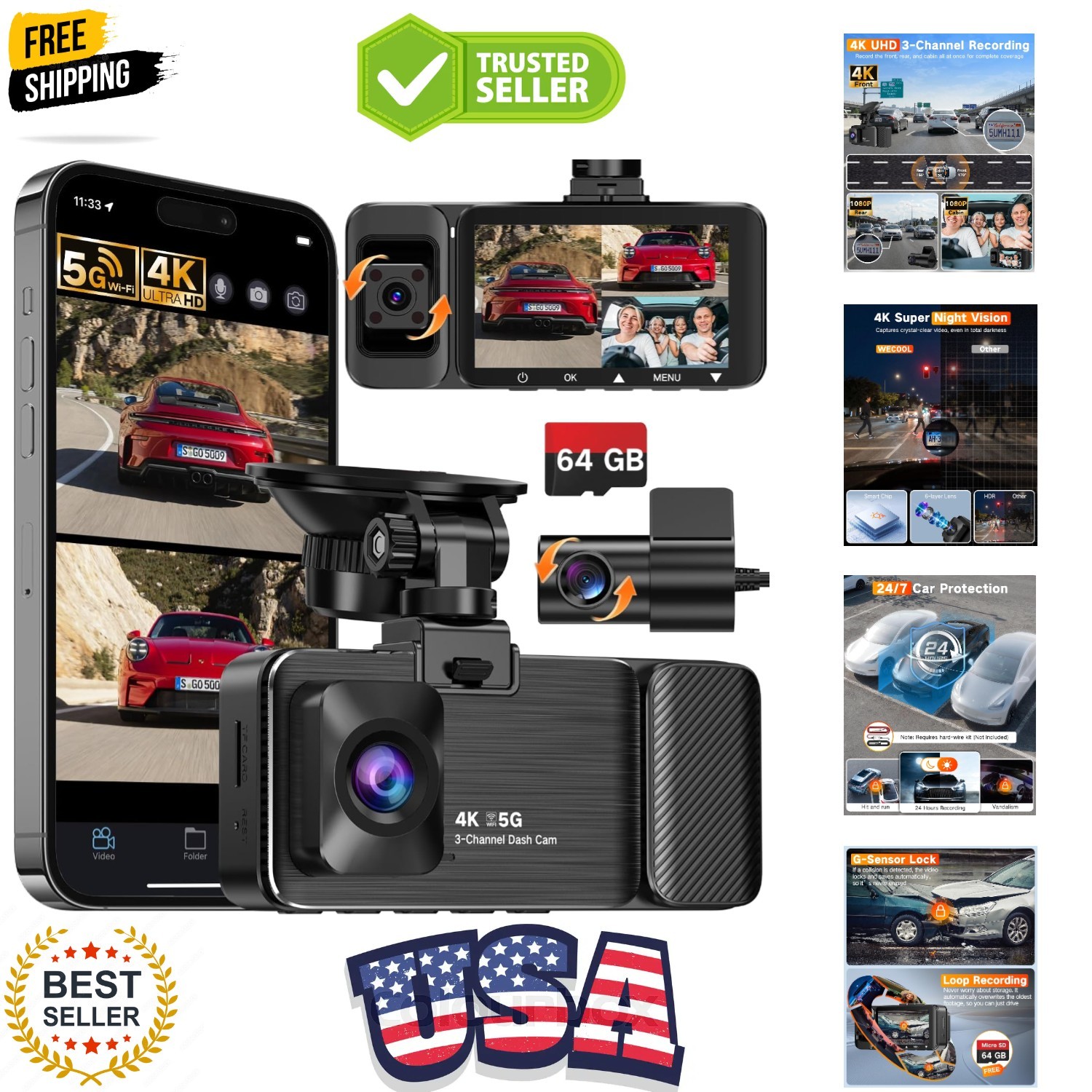 4K UHD 3 Channel Dash Cam Front and Rear Inside | Free 64GB Card Included, 36…