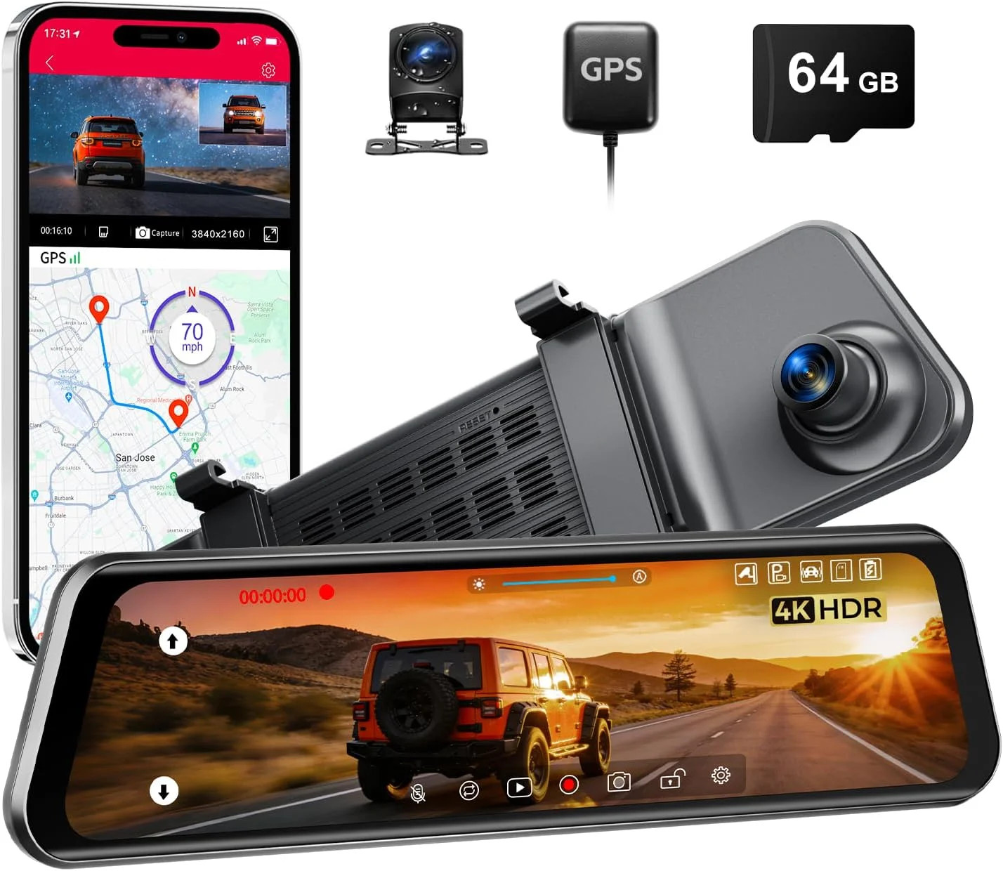12″ Mirror Dash Cam, 4K UHD Front and 2.5K Rear View Dash Camera for Car, with A
