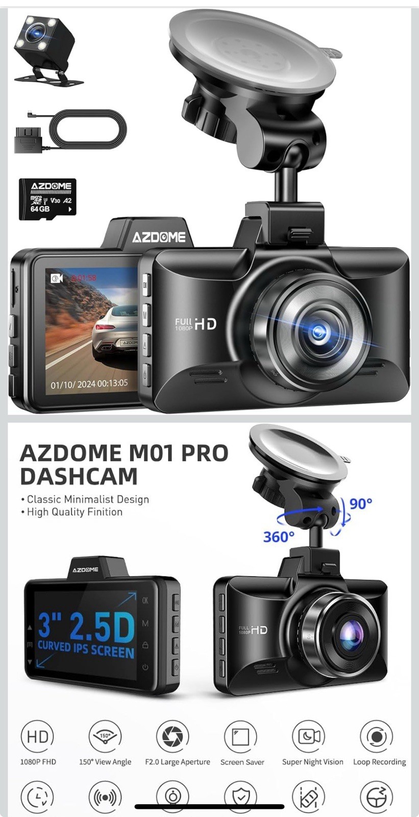 AZDOME M01Pro Dual Dash Cam and Mirror Mount Holder Bundle – Black