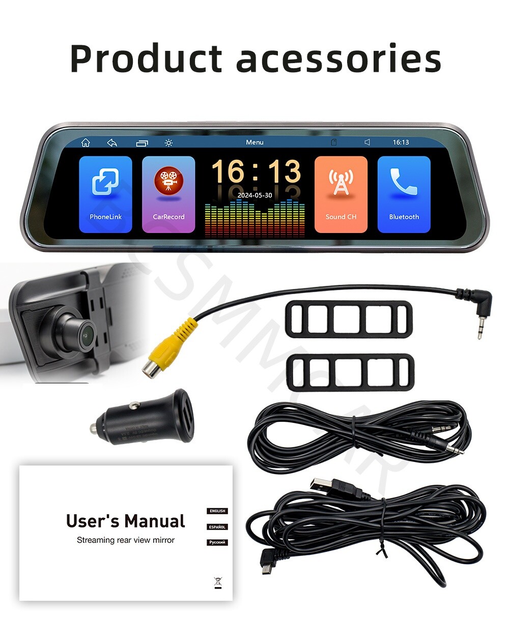 Car Rearview Mirror DVR Driving Recorder 9.36in AUX/BT/FM/TF For Android Auto