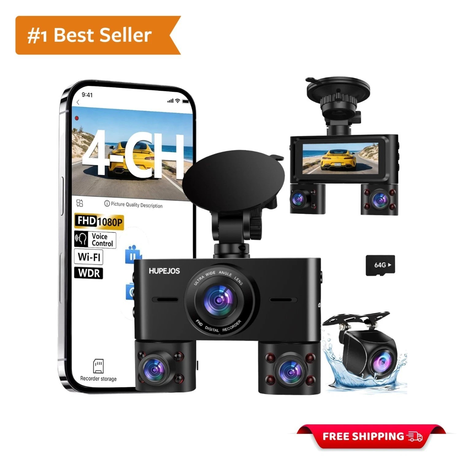 360° FHD 4-Channel Dash Cam with Night Vision & Built-in Wi-Fi for Cars
