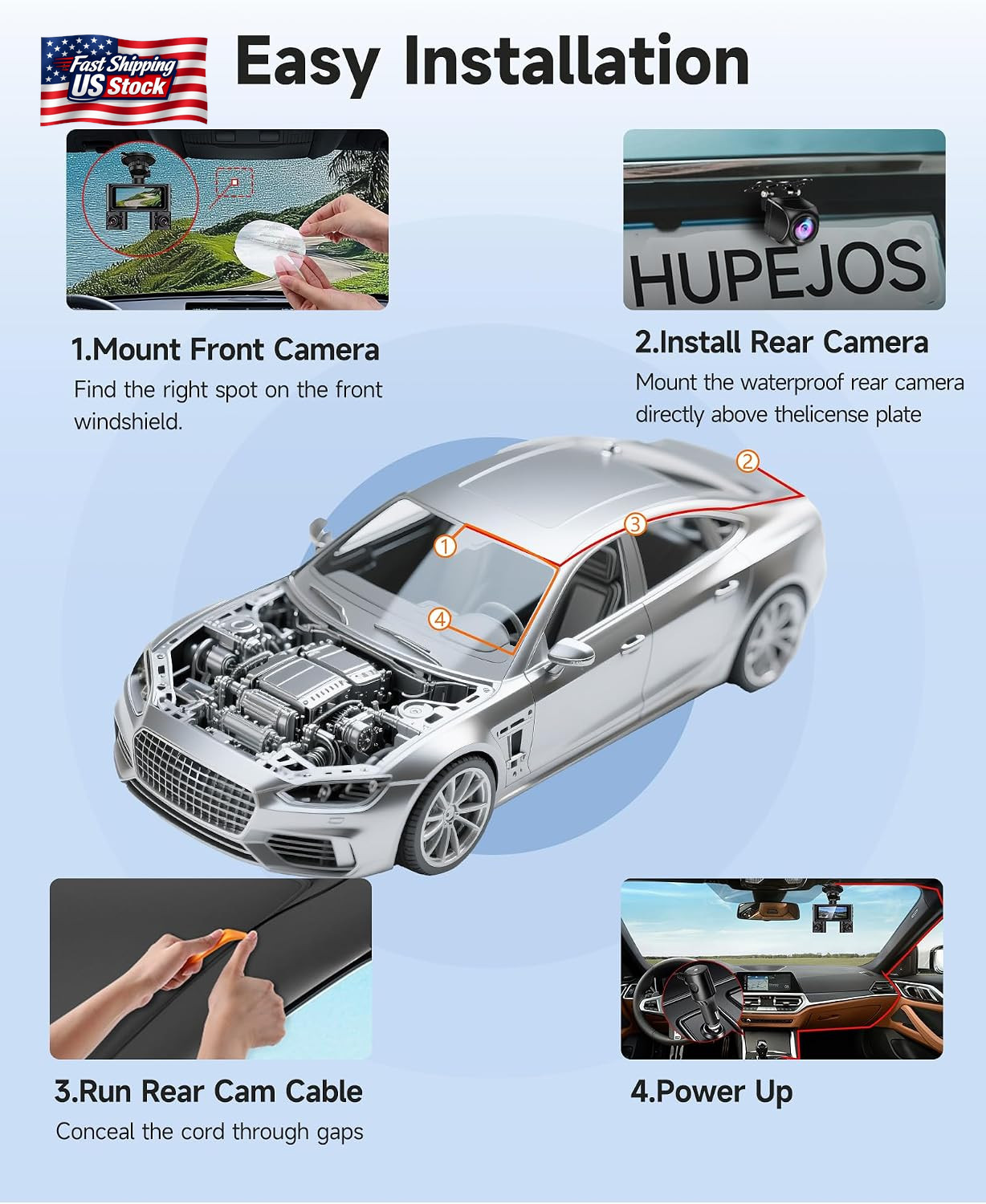 HUPEJOS 360° View Dash Cam Front and Rear Inside, 4 Channel Camera for Cars | 3.
