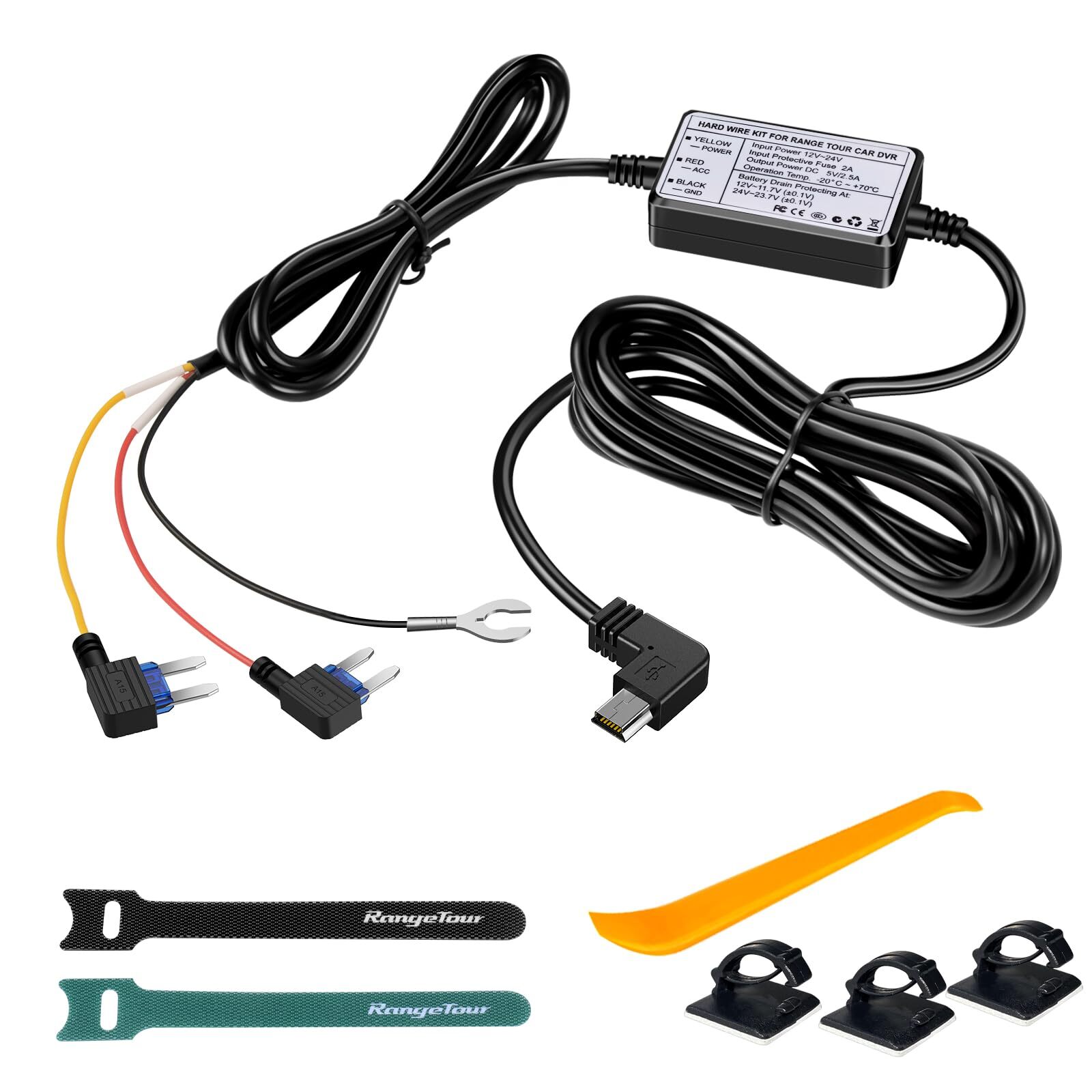 3-Core Dash Cam Hardwire Kit Mini USB Fuse Cable for Cars 12V-24V to 5V